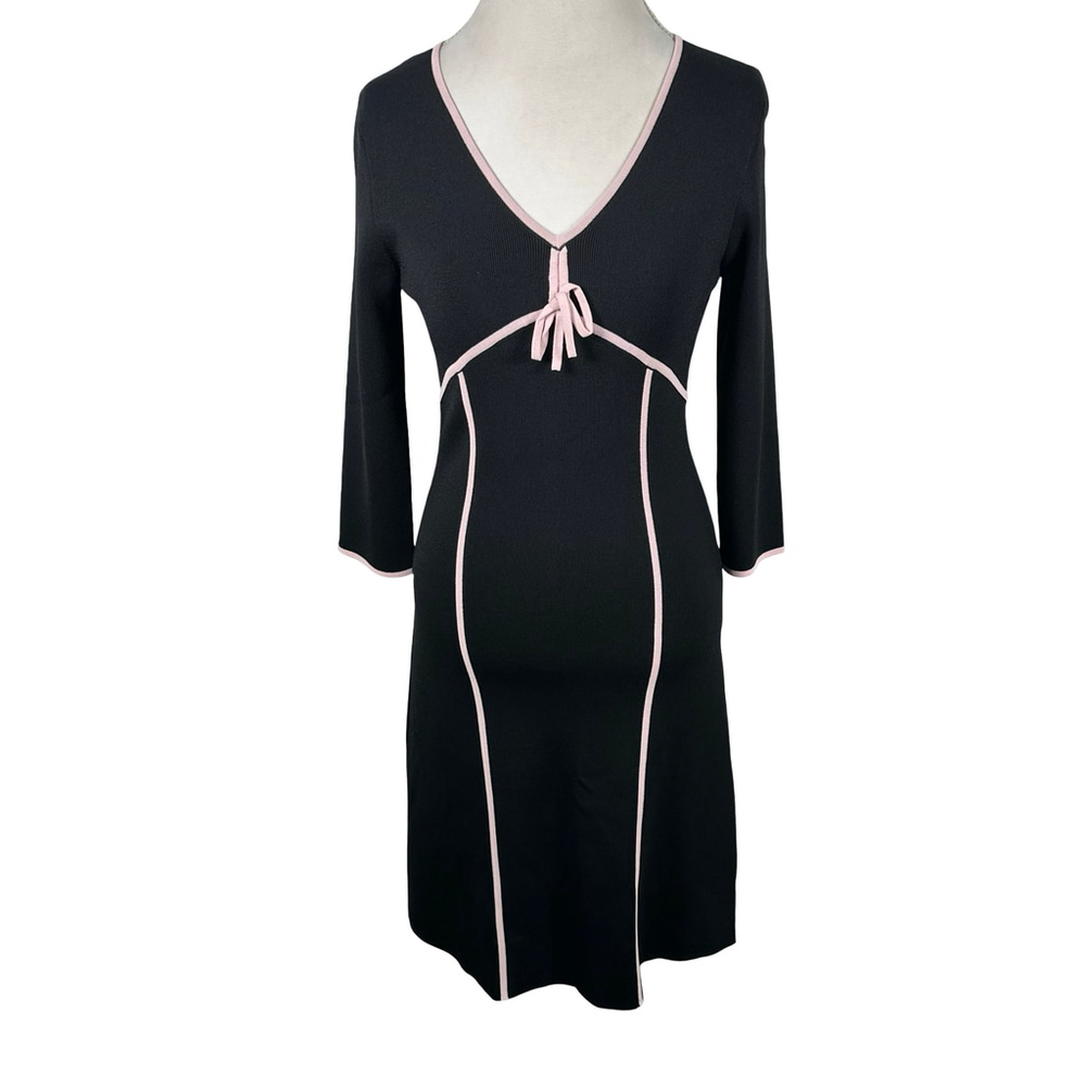 BCBGMaxazria Black Sheath Bodycon Dress Pink Bow V-Neck Empire Waist size M Y2K - Picture 2 of 11